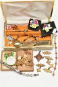 A BOX OF WHITE METAL JEWELLERY AND MEDALS, to include a pair of copal amber stud earrings, a copal