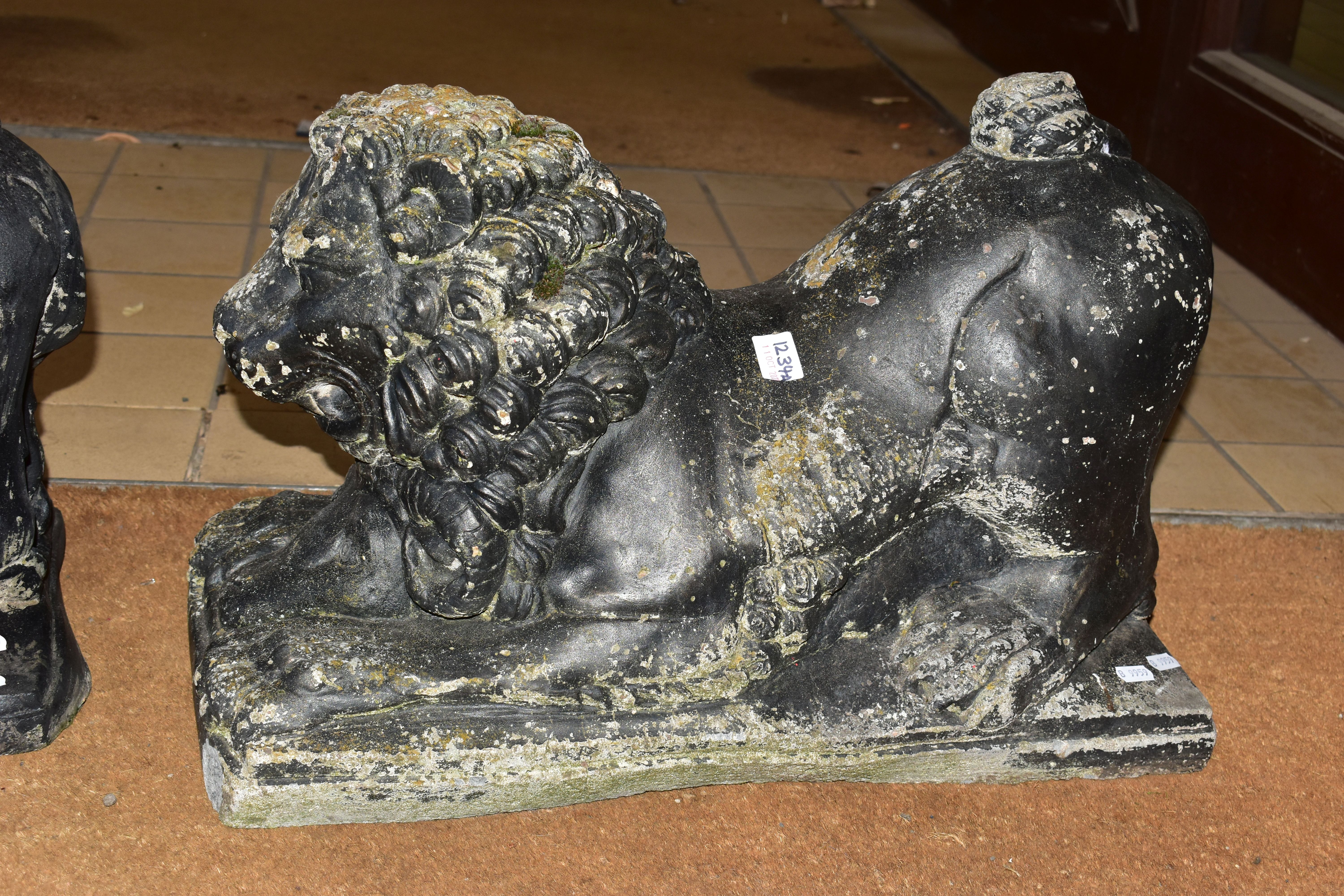 A PAIR OF BLACK PAINTED RECONSTITUTED CONCRETE GARDEN ORNAMENTS IN THE FORM OF LIONS, cast with a - Image 5 of 9