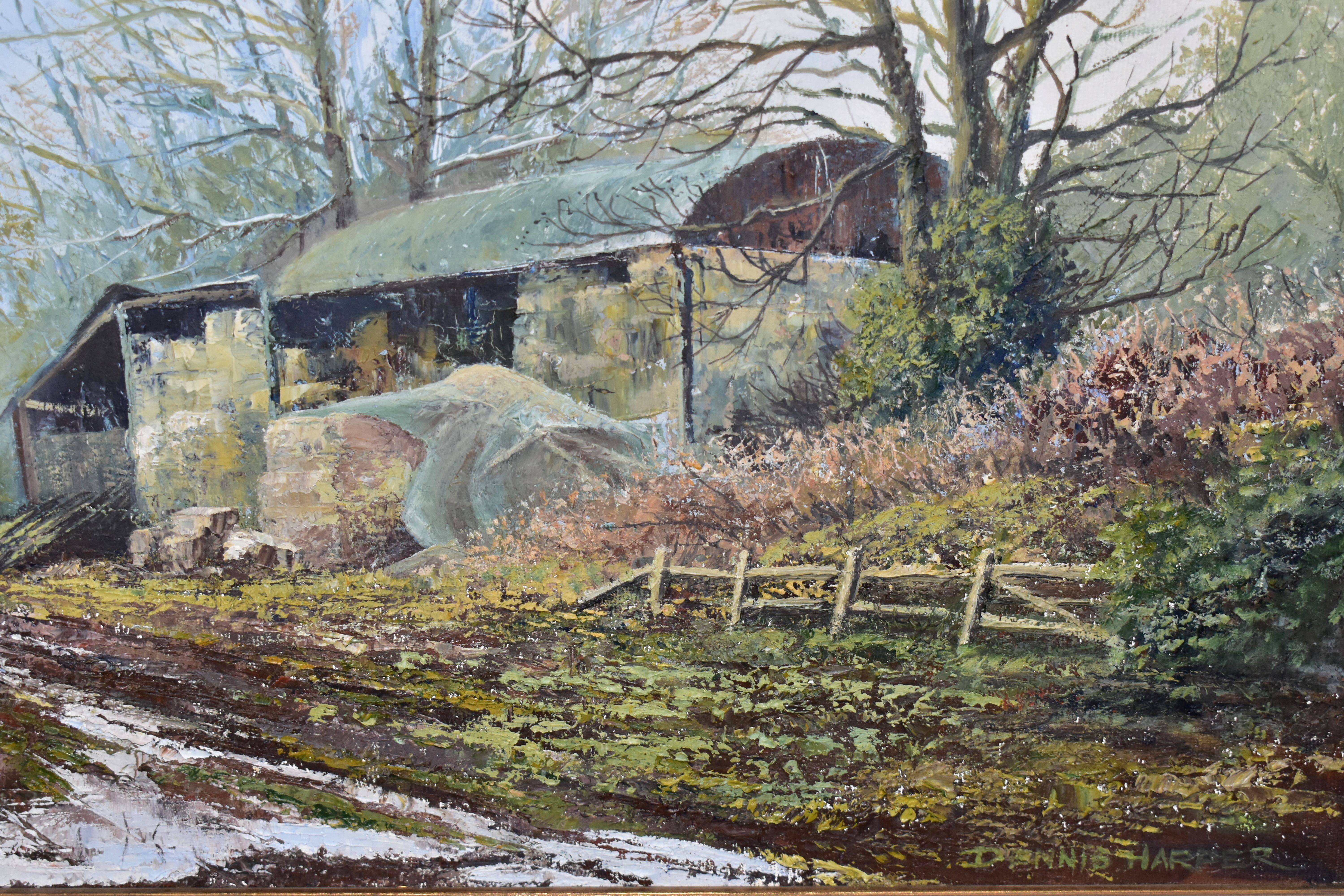 DENNIS HARPER (BRITISH CONTEMPORARY) 'BARN NEAR CANNOCK CHASE' a winter scene of a barn beside a - Image 4 of 4