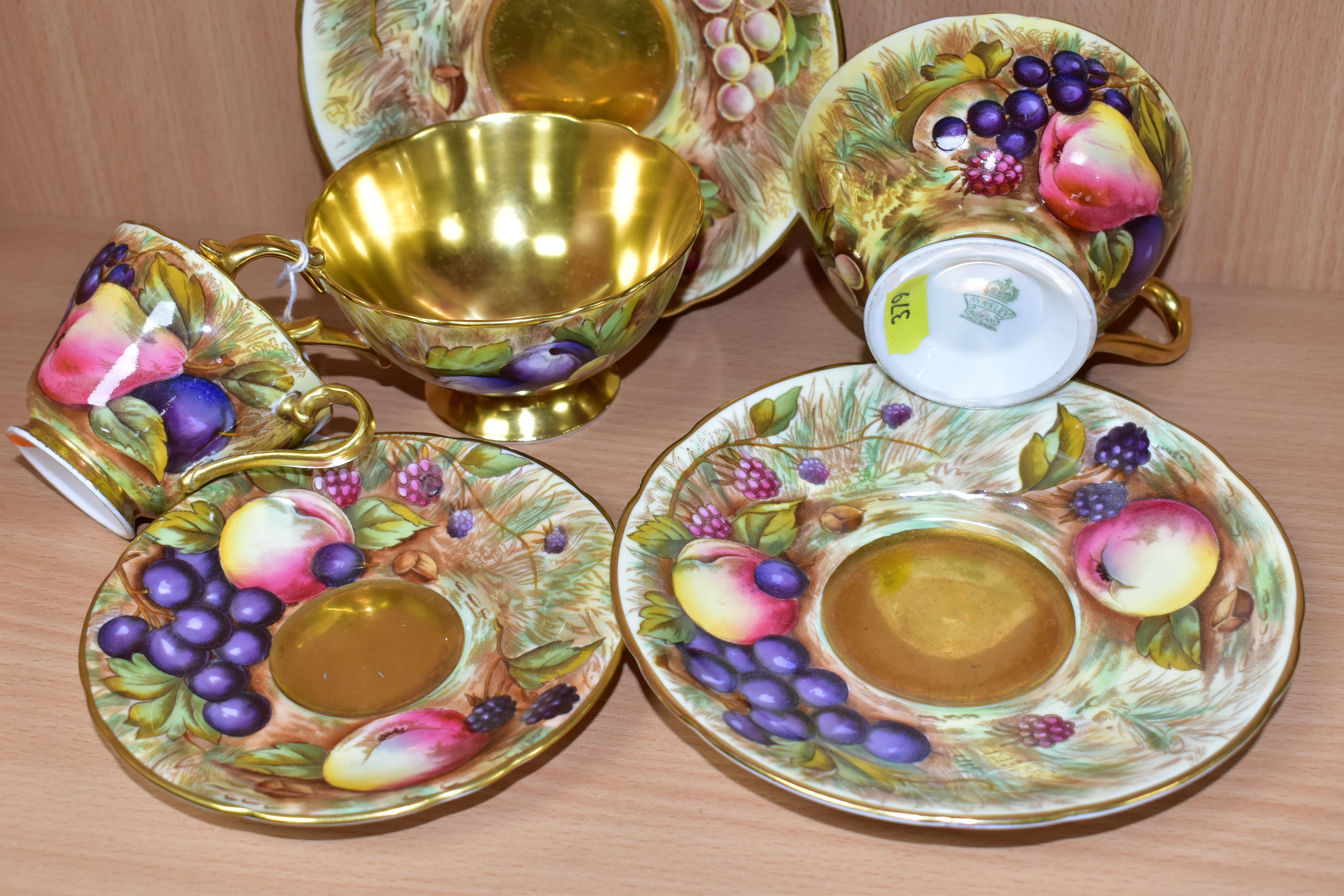 TWO AYNSLEY FRUIT DECORATED TEA CUPS AND SAUCERS SIGNED D.JONES AND A COFFEE CUP AND SAUCER SIGNED - Image 4 of 5