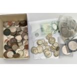 A SMALL BOX OF UK COINAGE, to include over 150 grams of .500 silver coins etc