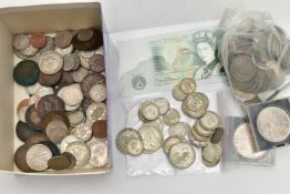 A SMALL BOX OF UK COINAGE, to include over 150 grams of .500 silver coins etc