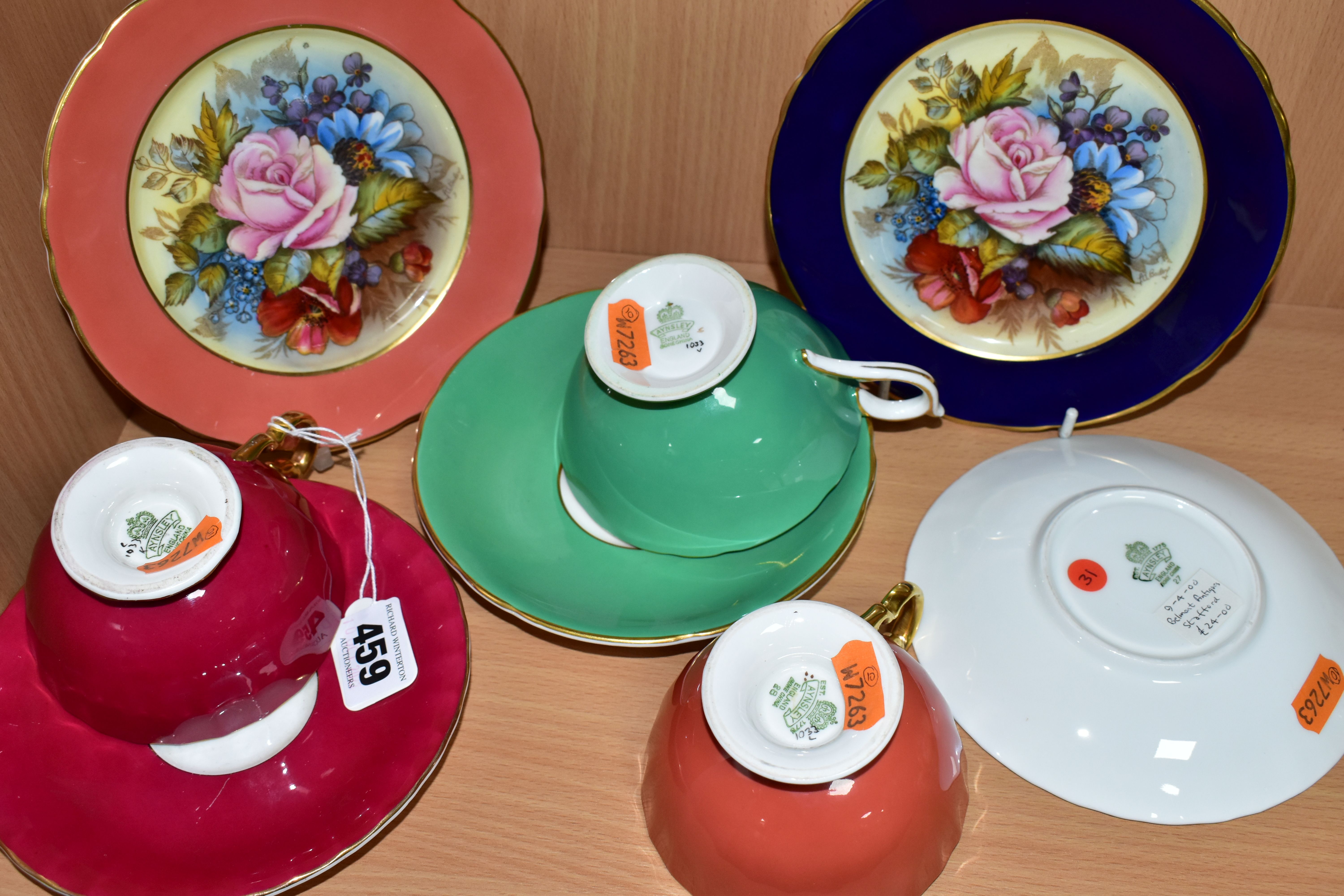 THREE AYNSLEY FLORAL DECORATED TEA CUPS AND SAUCERS BY J. A. BAILEY, with two tea plates, wavy rims, - Image 4 of 6