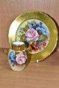 AN AYNSLEY FLORAL DECORATED TWIN HANDLED VASE AND TEA Plate BY J. A. BAILEY, with wavy rims, vase of