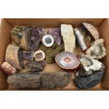 A BOX OF ASSORTED GEODES AND MINERAL SPECIMENS, to include quartz, amethyst and citrine, a various