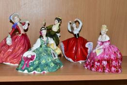 FIVE ROYAL DOULTON FIGURINES, comprising Victoria HN2471, Elyse HN2474 (tiny chip to brim of hat),