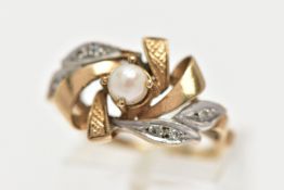 A 9CT GOLD CULTURED PEARL AND DIAMOND RING, centring on a four claw set, cream cultured pearl with a