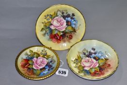 TWO AYNSLEY FLORAL DECORATED TRINKET DISHES AND SAUCER BY J. A. BAILEY, one trinket dish with gilt