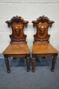 A PAIR OF VICTORIAN MAHOGANY HALL CHAIRS, with a shield back design, width 44cm x depth 43cm x