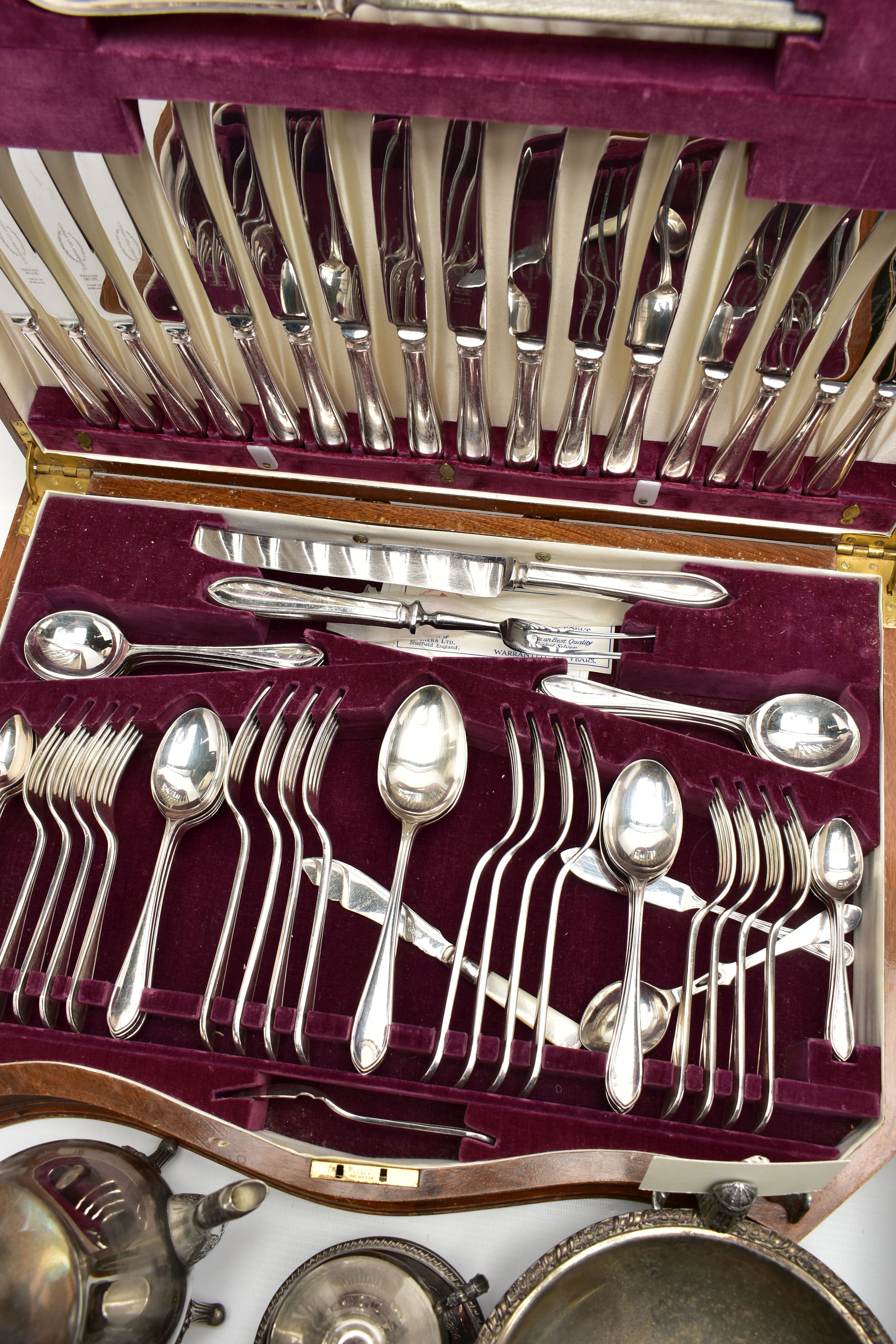 A CANTEEN, CUTLERY AND WHITE METAL TABLEWARE, a complete wooden canteen, together with an assortment - Image 6 of 6