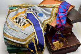 A LARGE ASSORTMENT OF MASONIC REGALIA, to include a box of masonic books and leather cases, two