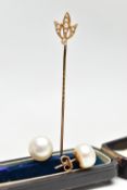 A MID 19TH CENTURY STICK PIN AND A PAIR OF MODERN PEARL EARRINGS, a floral designed stick pin, set