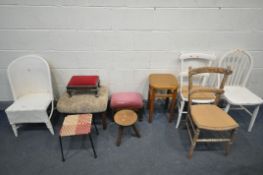A SELECTION OF VARIOUS STOOLS AND CHAIRS, to include a white painted wicker chair , a pair of