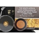 A CASED SOUTH AFRICAN ZUID GOLD POND AND A QUARTER SOVEREIGN, dated 1900, within a protective