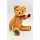 A PEDIGREE GOLDEN PLUSH MUSICAL TEDDY BEAR, stitched nose, plastic eyes, jointed body, brown
