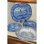 FOUR PIECES OF ANTIQUE BLUE AND WHITE TRANSFER WARES, to include a meat plate printed with a rural