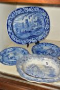 FOUR PIECES OF ANTIQUE BLUE AND WHITE TRANSFER WARES, to include a meat plate printed with a rural