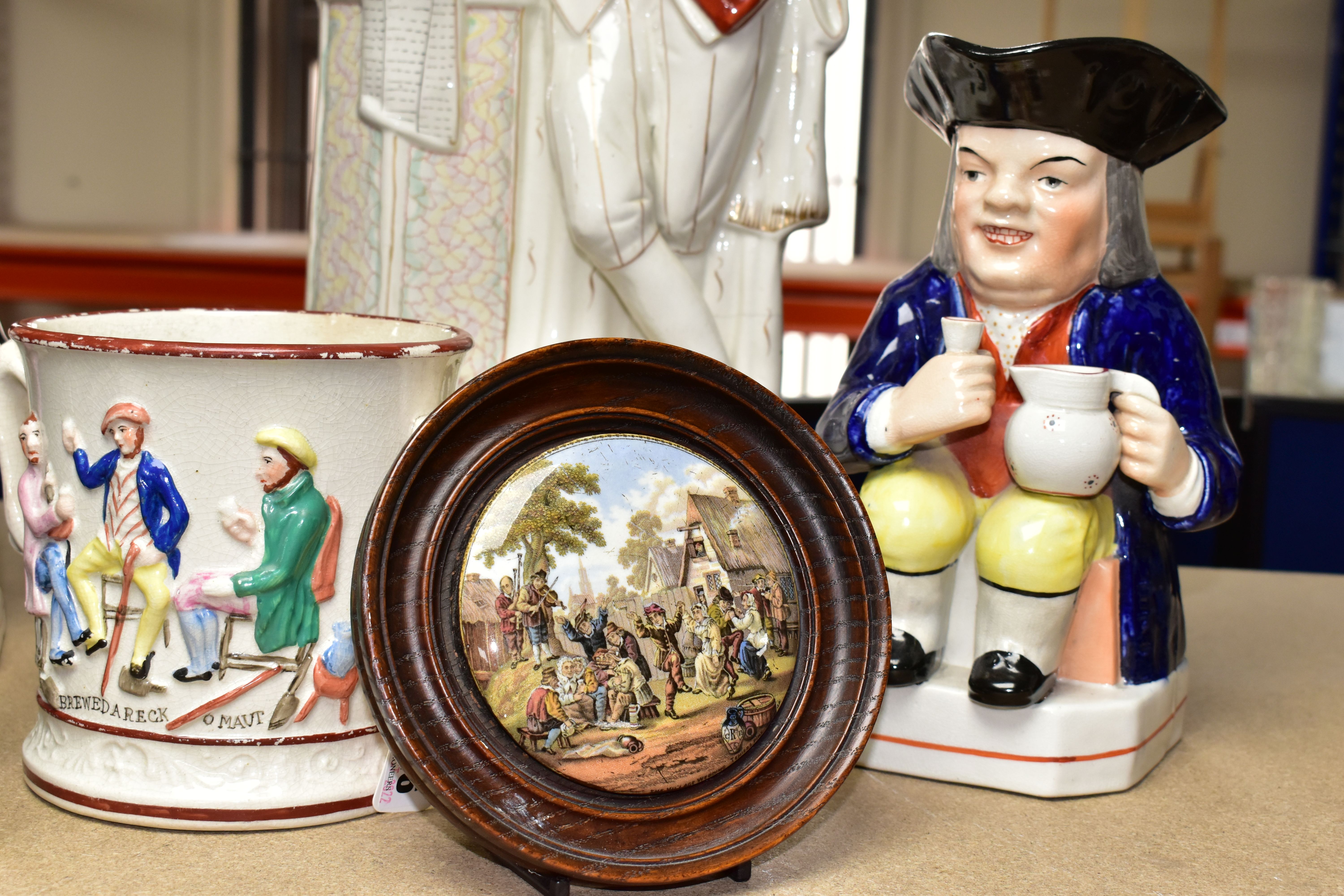 A GROUP OF SEVEN EARLY VICTORIAN CERAMICS, comprising a large Staffordshire figure of Shakespeare - Image 3 of 7