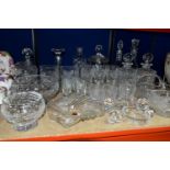 A QUANTITY OF CUT CRYSTAL comprising two Royal Doulton decanters, two square diamond cut