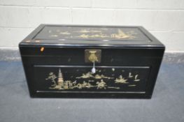 A HENDERSON AND CO EBONISED CAMPHORWOOD COFFER, with mother of pearl decoration to top and front,