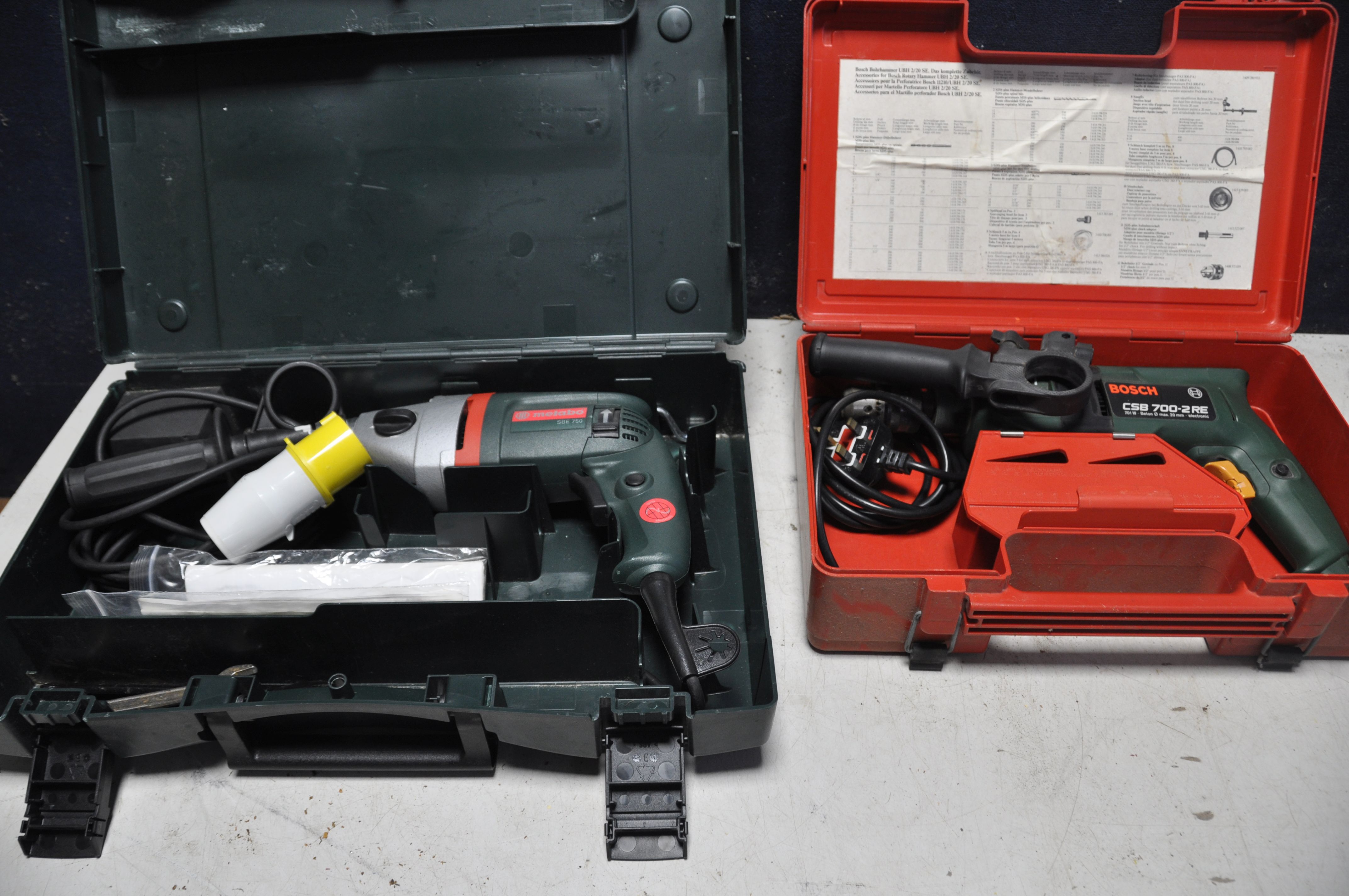 A METABO SBE750 DRILL in original case with 110v plug along with a Bosch CSB 700-2RE drill in - Image 2 of 3