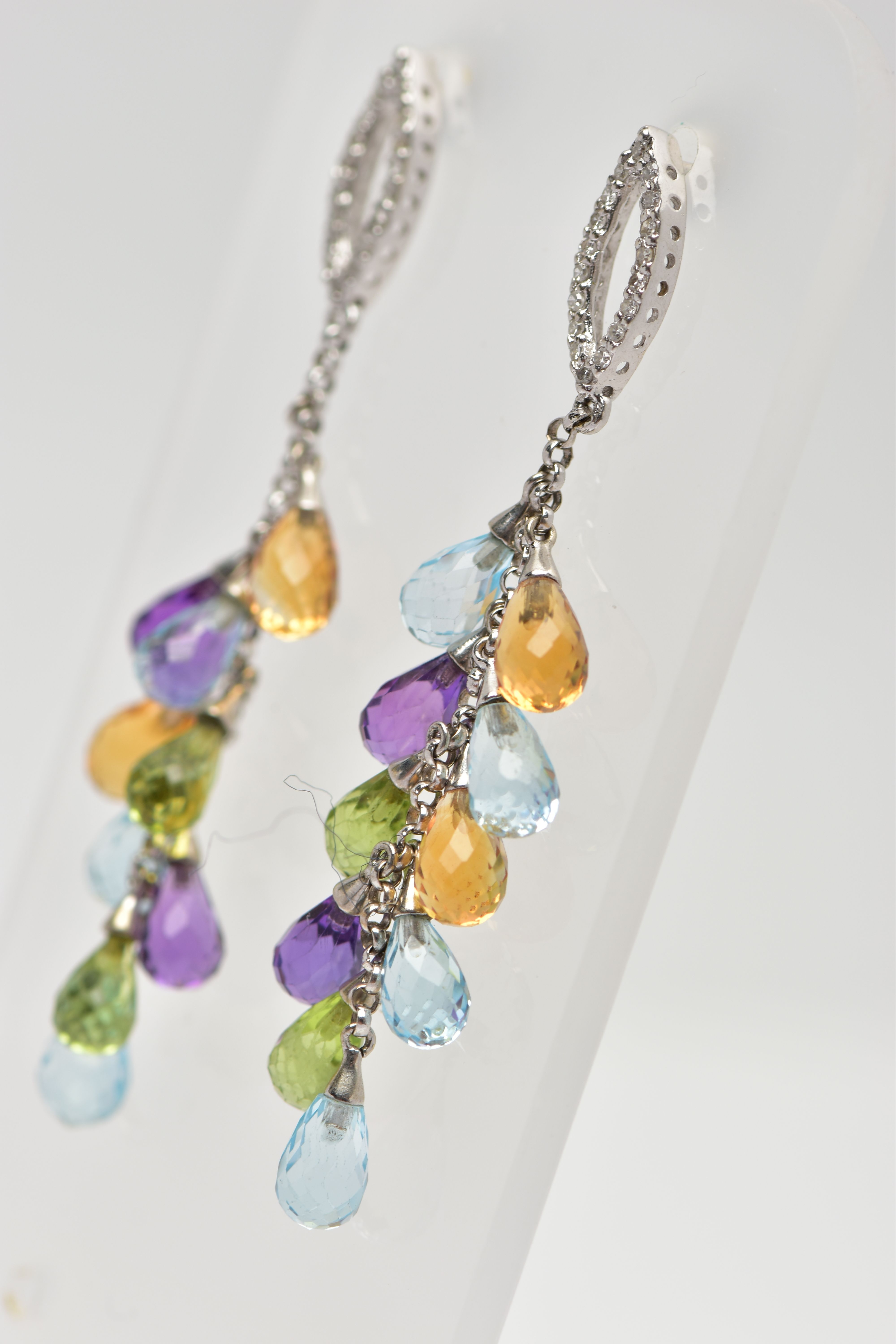 A PAIR OF WHITE METAL MULTI GEMSTONE SET DROP EARRINGS, each earring designed with an openwork - Image 3 of 3