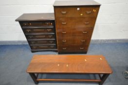 A MID CENTURY TEAK CHEST OF FIVE DRAWERS, width 76cm x depth 48cm x height 110cm, another chest of