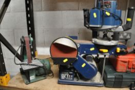 A TITAN TTB045BTS BELT AND DISC SANDER along with a Nutool 1in belt sander and a Ryobi RE601