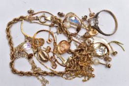 A SELECTION OF 9CT GOLD AND YELLOW METAL JEWELLERY, to include a 9ct yellow gold rope twist