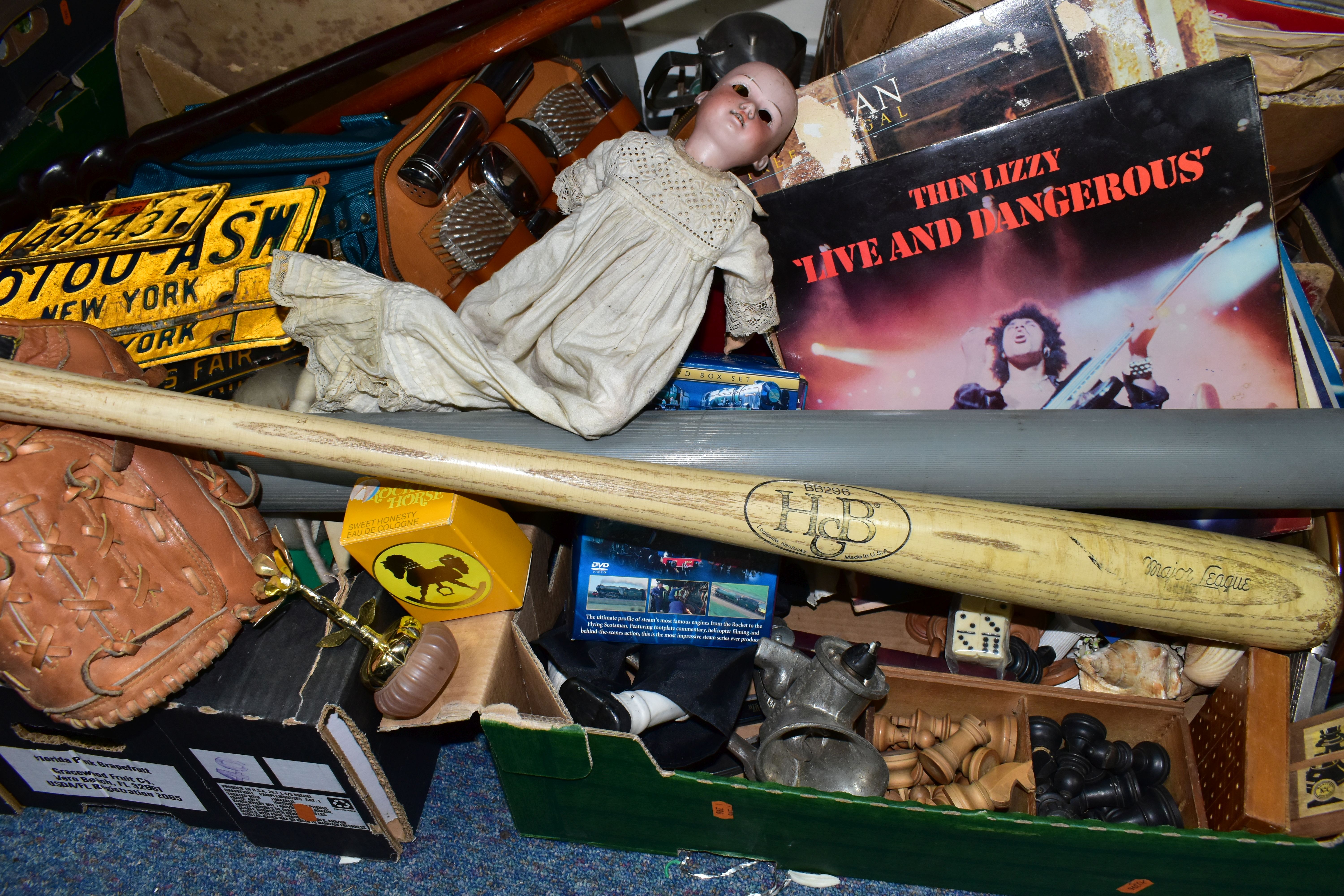 THREE BOXES OF SPORTS EQUIPMENT AND HOUSEHOLD SUNDRIES, to include an All-Pro leather right hand