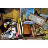 SUNDRIES three boxes of miscellaneous items to include prints, metalware, empty tins and boxes, a