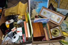 SUNDRIES three boxes of miscellaneous items to include prints, metalware, empty tins and boxes, a