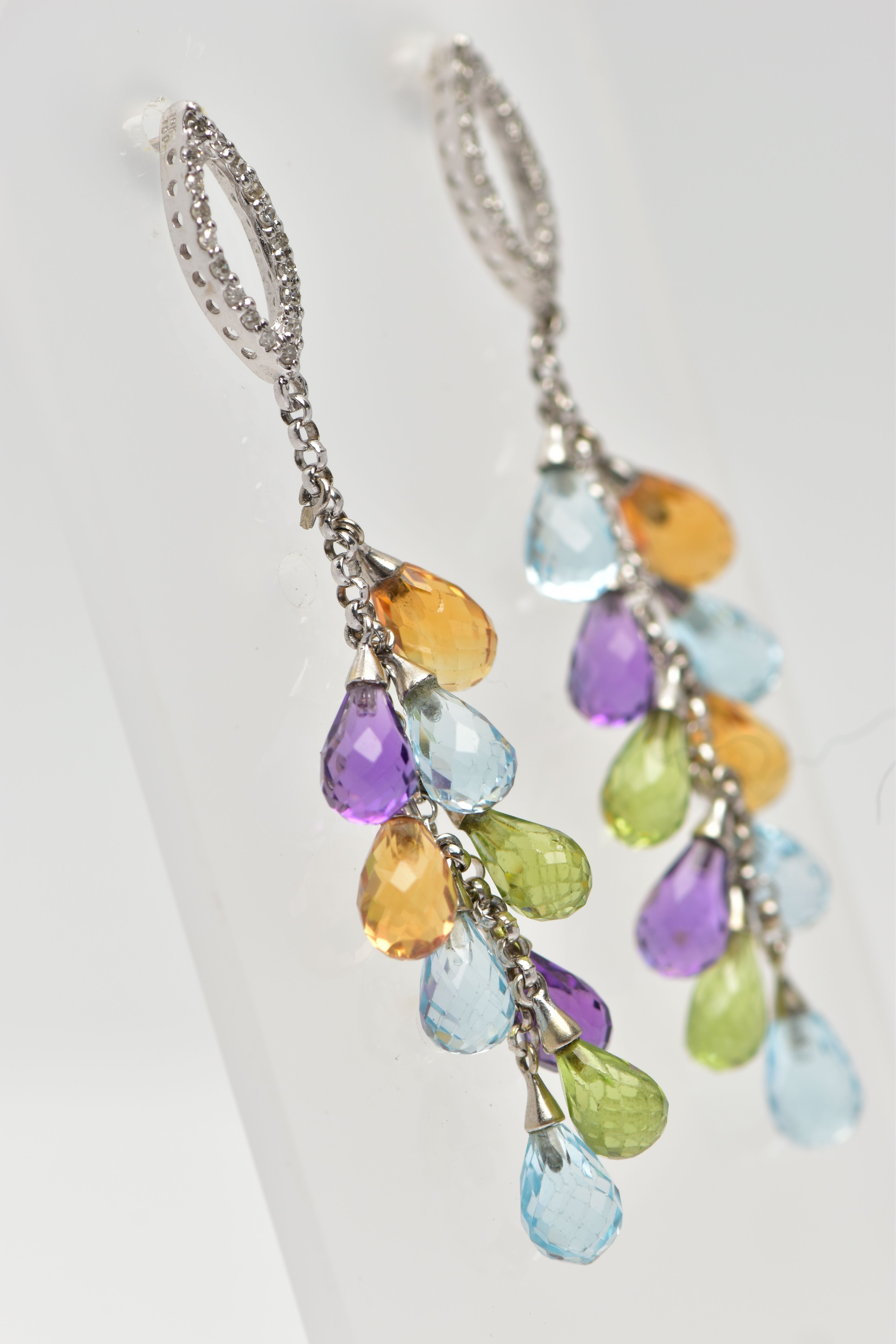 A PAIR OF WHITE METAL MULTI GEMSTONE SET DROP EARRINGS, each earring designed with an openwork - Image 2 of 3