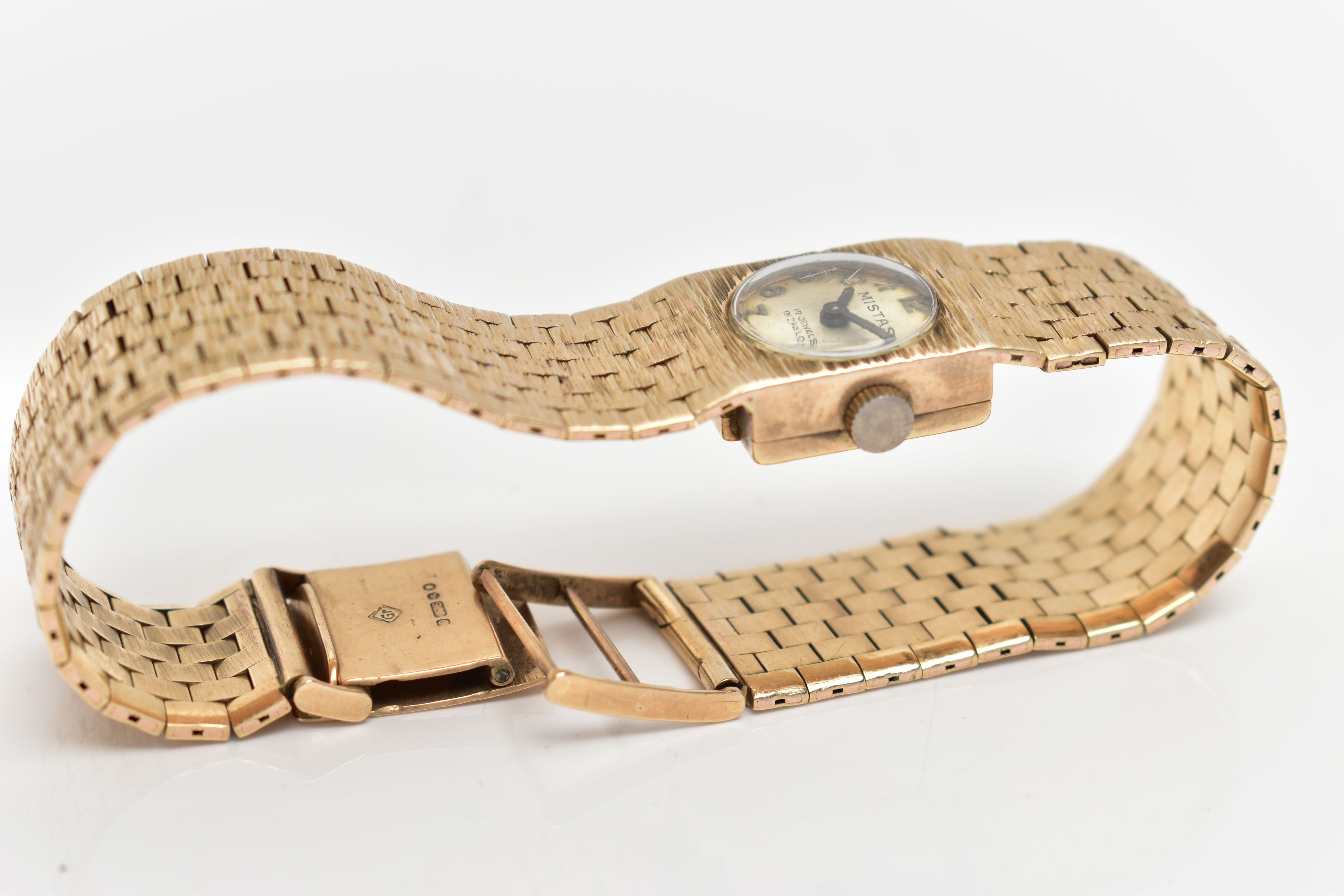 A LADIES 1970'S, 9CT GOLD 'MISTAS' WRISTWATCH, manual wind, round champagne dial signed 'Mistas, - Image 6 of 6