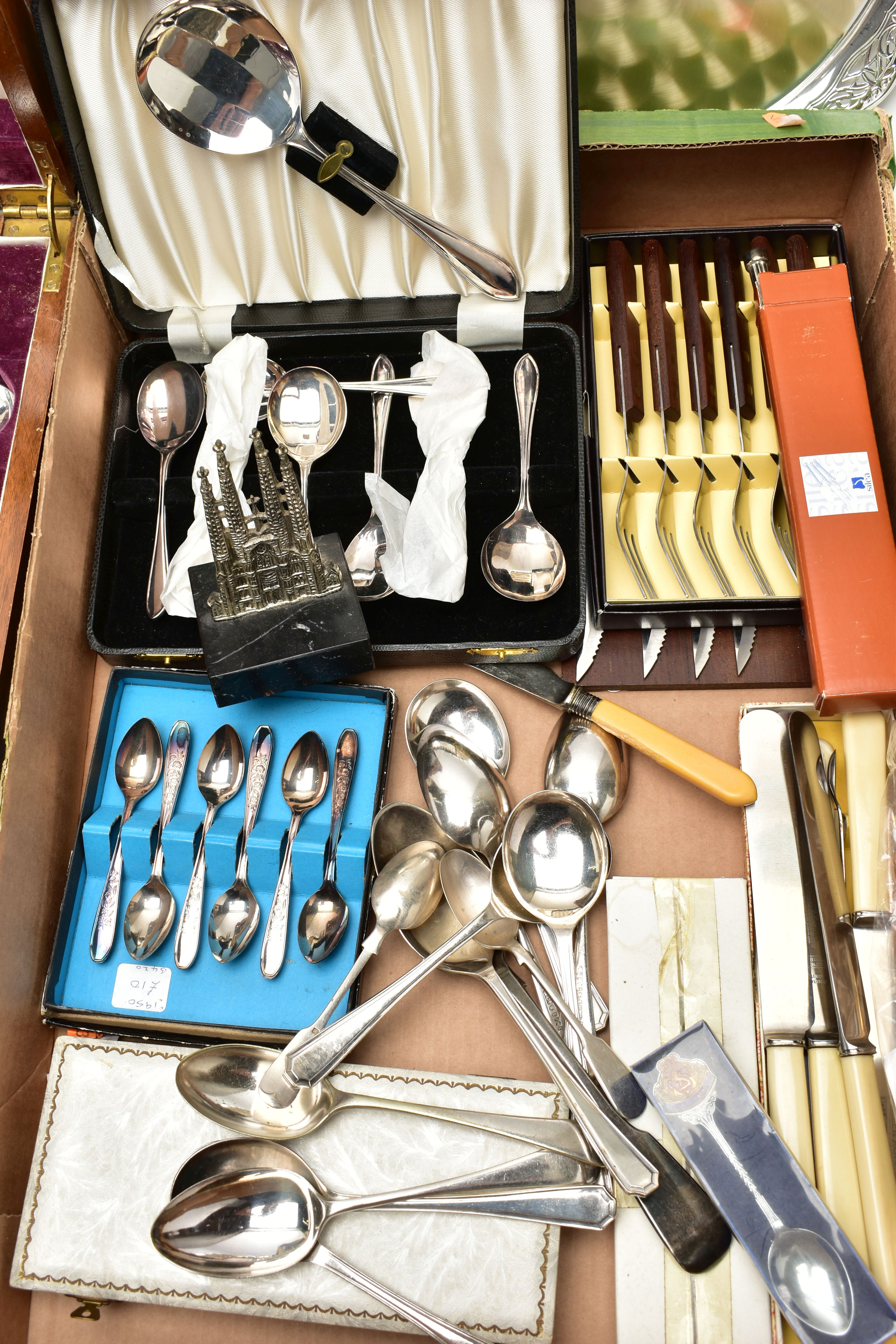 A CANTEEN, CUTLERY AND WHITE METAL TABLEWARE, a complete wooden canteen, together with an assortment - Image 3 of 6