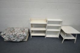 A SELECTION OF WHITE PAINTED FURNITURE, to include a square center table with canted corners, on