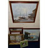 SIX LATER 20TH CENTURY OILS ON CANVAS, comprising two W. Jones fishing boats in harbour scenes,