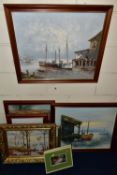 SIX LATER 20TH CENTURY OILS ON CANVAS, comprising two W. Jones fishing boats in harbour scenes,