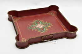 A 20TH CENTURY TWIN HANDLED PAINTED METAL TRAY OF SHAPED SQUARE FORM, gilt rope twist handles and