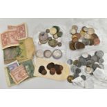 A SMALL BOX OF MIXED COINAGE, to include Victoria Coins Crown, Double Florin, 3d coins a damaged