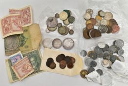 A SMALL BOX OF MIXED COINAGE, to include Victoria Coins Crown, Double Florin, 3d coins a damaged