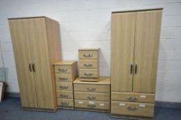 A MODERN LIGHT OAK FIVE PIECE BEDROOM SUITE, comprising a double door wardrobe, 77cm x depth 56cm