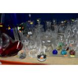 A GROUP OF CLEAR AND COLOURED GLASSWARE, including a 'Marquis by Waterford' vase, Made in Germany,