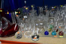 A GROUP OF CLEAR AND COLOURED GLASSWARE, including a 'Marquis by Waterford' vase, Made in Germany,