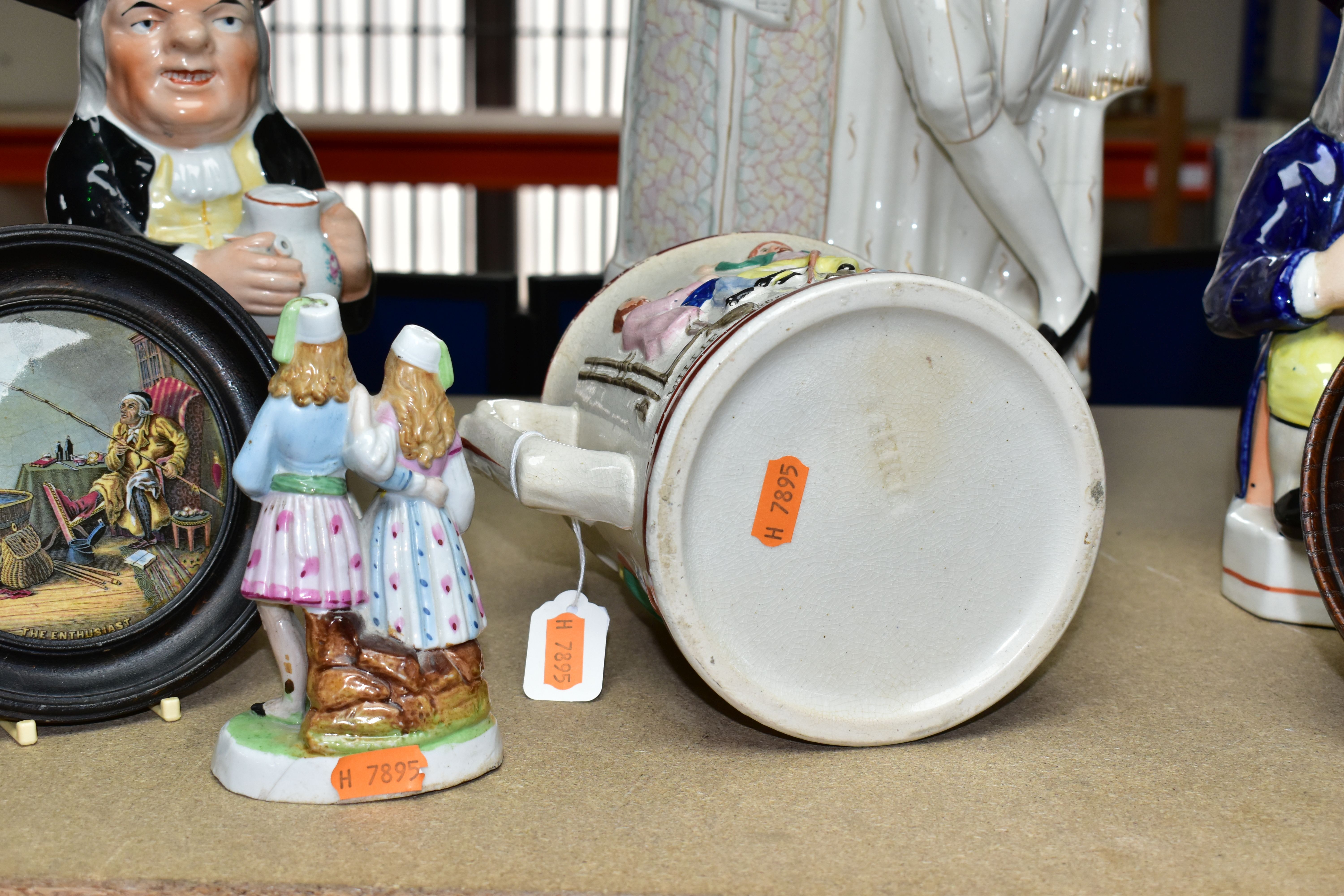 A GROUP OF SEVEN EARLY VICTORIAN CERAMICS, comprising a large Staffordshire figure of Shakespeare - Image 6 of 7