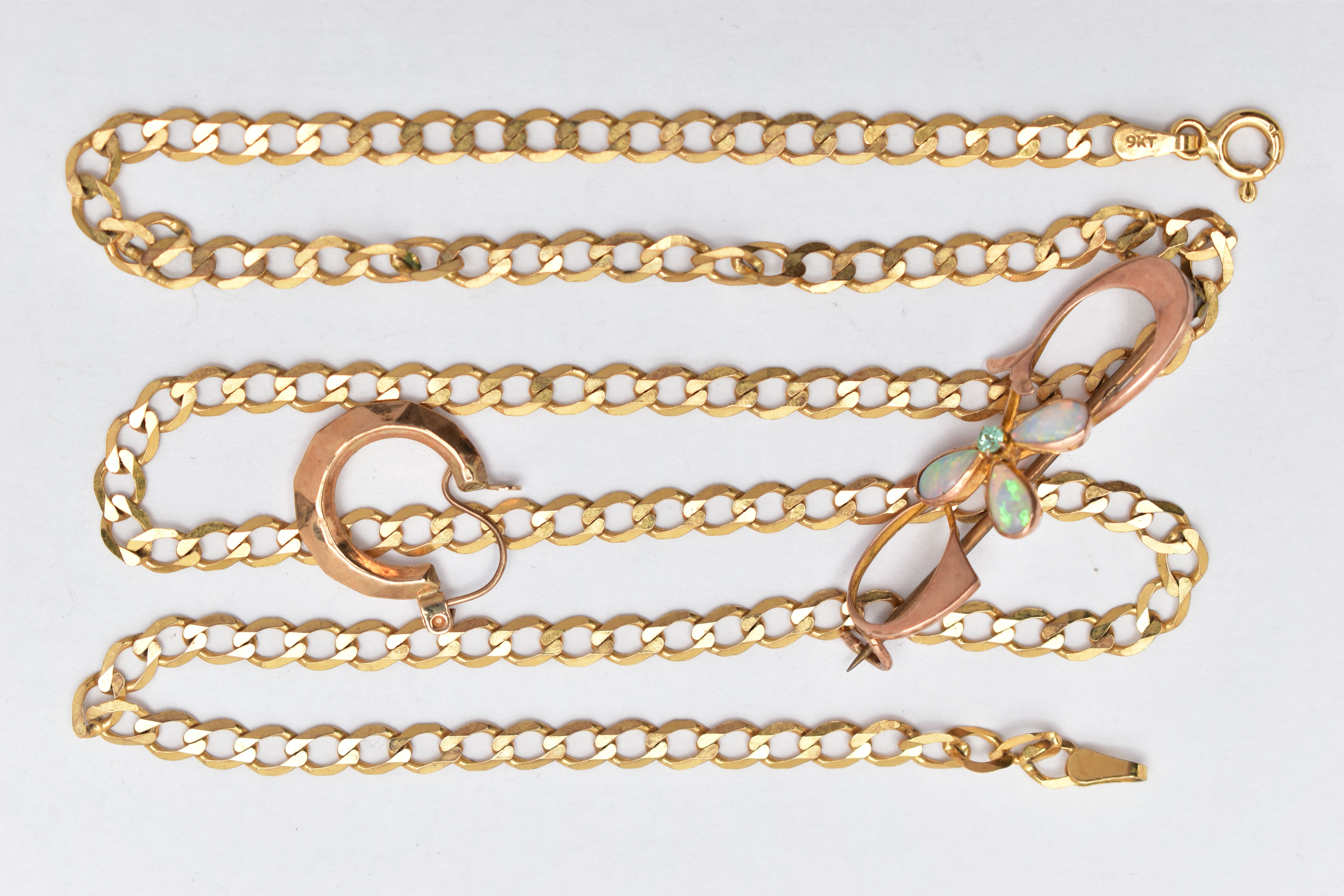 THREE ITEMS OF JEWELLERY, to include a 9ct gold flat curb link chain with lobster clasp,