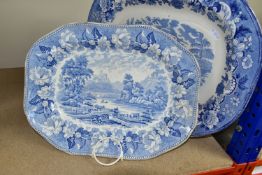 TWO 19TH CENTURY BLUE AND WHITE MEAT PLATES, one is decorated with Eton College with a floral