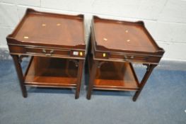 A PAIR OF MAHOGANY SQUARE SIDETABLES, with single frieze drawer, and an undershelf, 50cm squared,