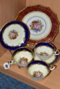 AN AYNSLEY CABINET PLATE, TEA CUPS AND SAUCERS BY J. A. BAILEY, with wavy rims, the cups having a