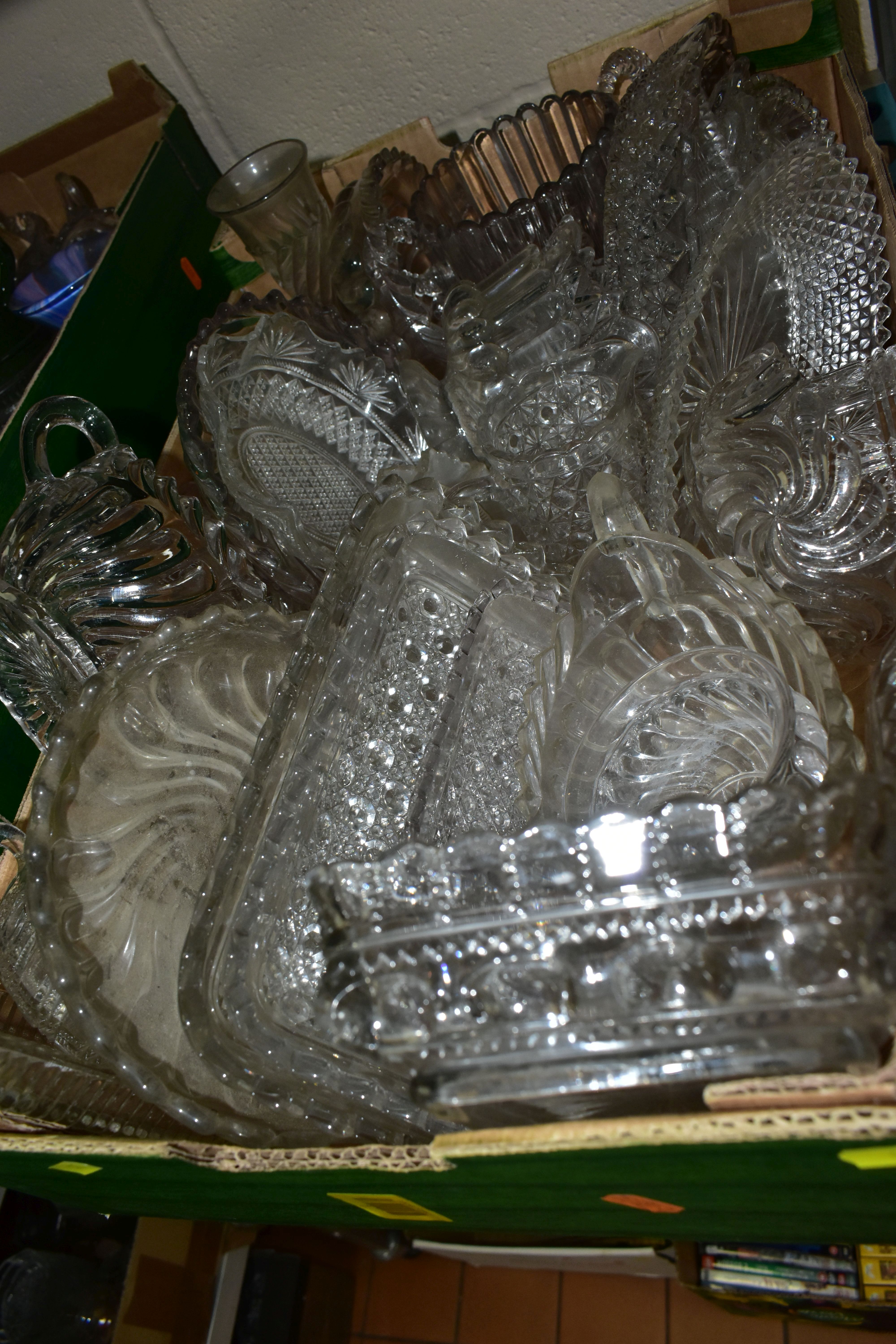 FOUR BOXES OF CERAMICS AND GLASSWARE, to include a quantity of clear pressed glass dishes, vases and - Image 2 of 5